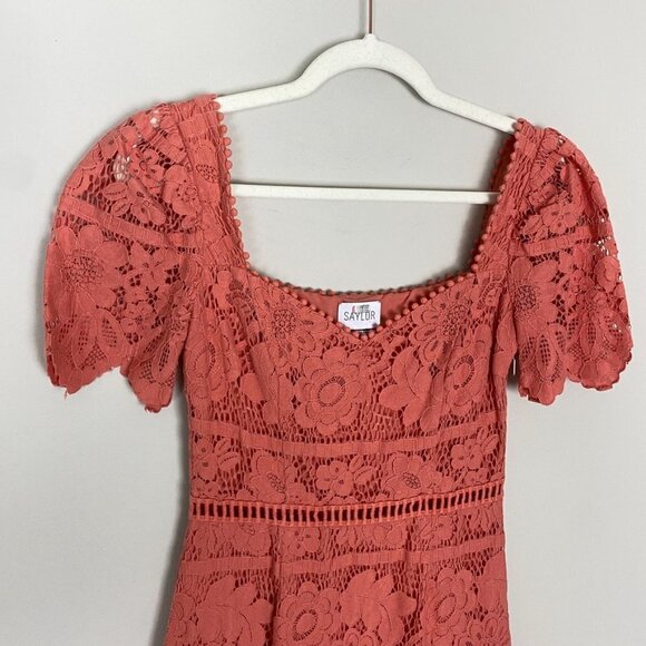 Saylor Louisa Lace Midi Dress Womens Small Short Sleeves Floral Pink milkmaid - Picture 3 of 8